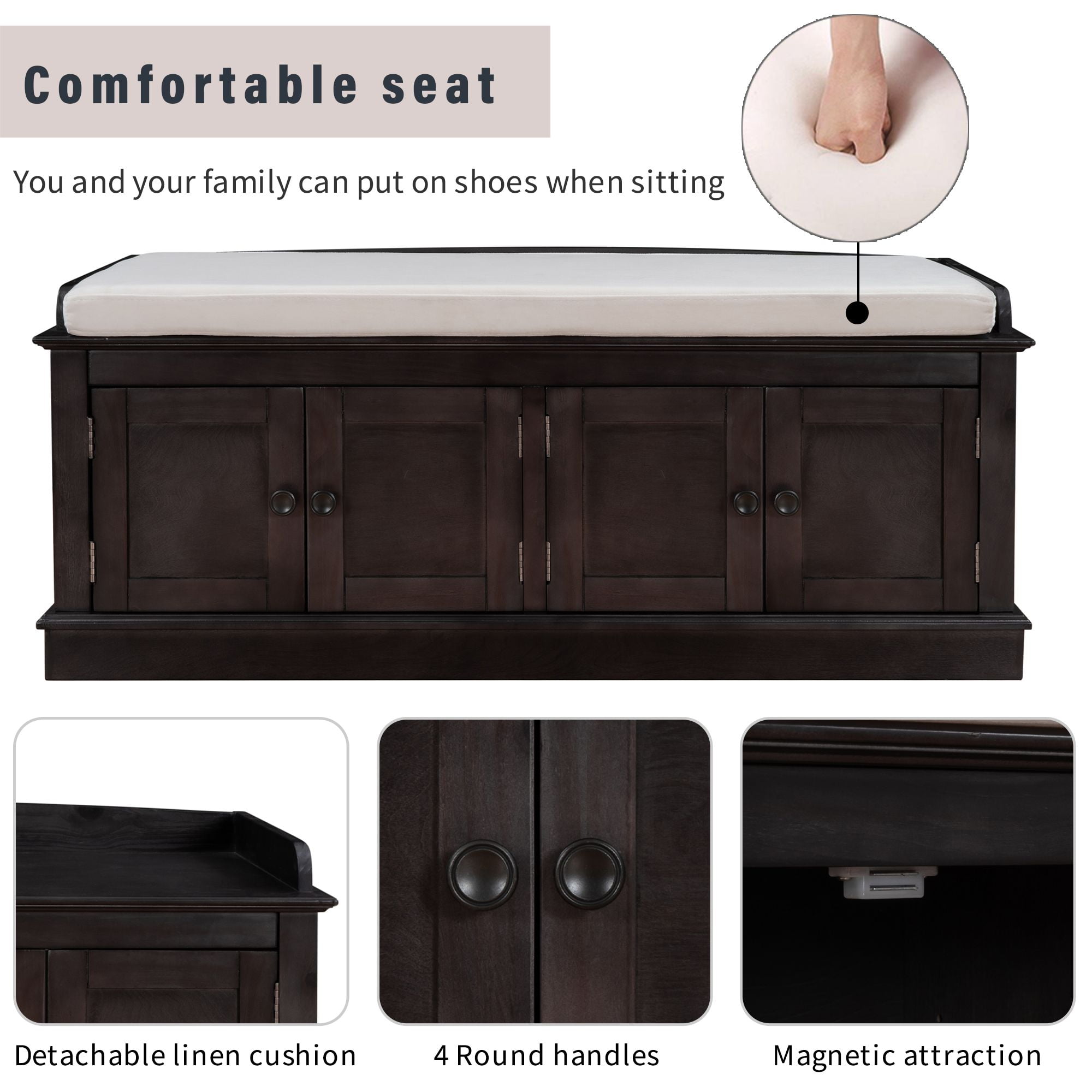 Aukfa Storage Bench with 4 Doors and Adjustable Shelves - Shoe Bench with Removable Cushion for Living Room - Espresso