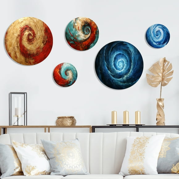 Designart "Fusion Spirale en Rouge et Or III" Décoration Murale Moderne en Métal Ensemble de 5 - Décoration Murale en Métal Doré pour Chambre