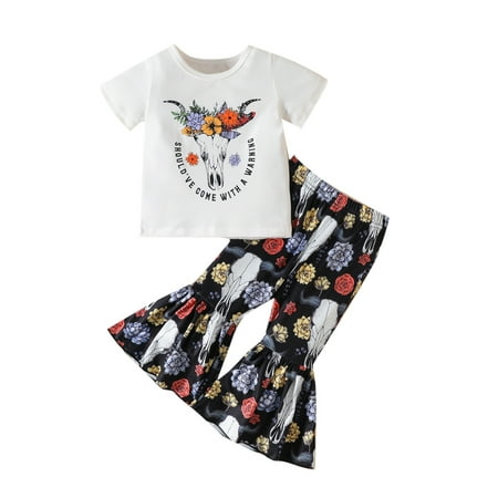 

ZIZOCWA Baby Girl Pant Set Summer Toddler Girls Short Sleeve Cartoon Printed T Shirt Pullover Tops Bell Bottoms Pants Kids Outfits Blanket Set for Baby Take Clothes 5 Piece Baby Trendy Tops for Teen