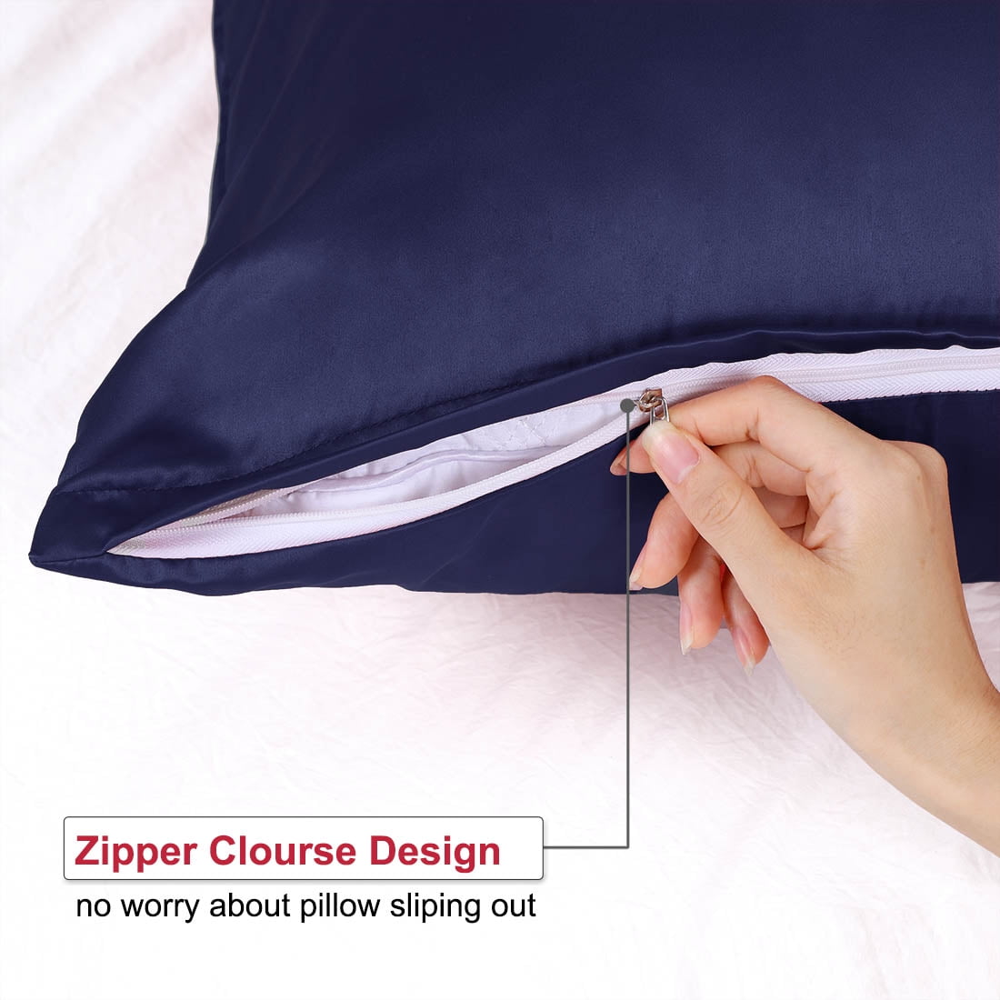 Unique Bargains Pillow Covers Silky Satin Zipper Pillowcases Set of 2 Navy 21" x 31"