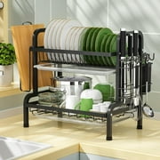 ACMETOP Dish Drying Rack - Stainless Steel Dish Rack for Kitchen Counter, 2-Tier Kitchen Organizers and Storage Rack with Cutting Board Holder Drip Tray, Large Capacity Dish Drainer, Black