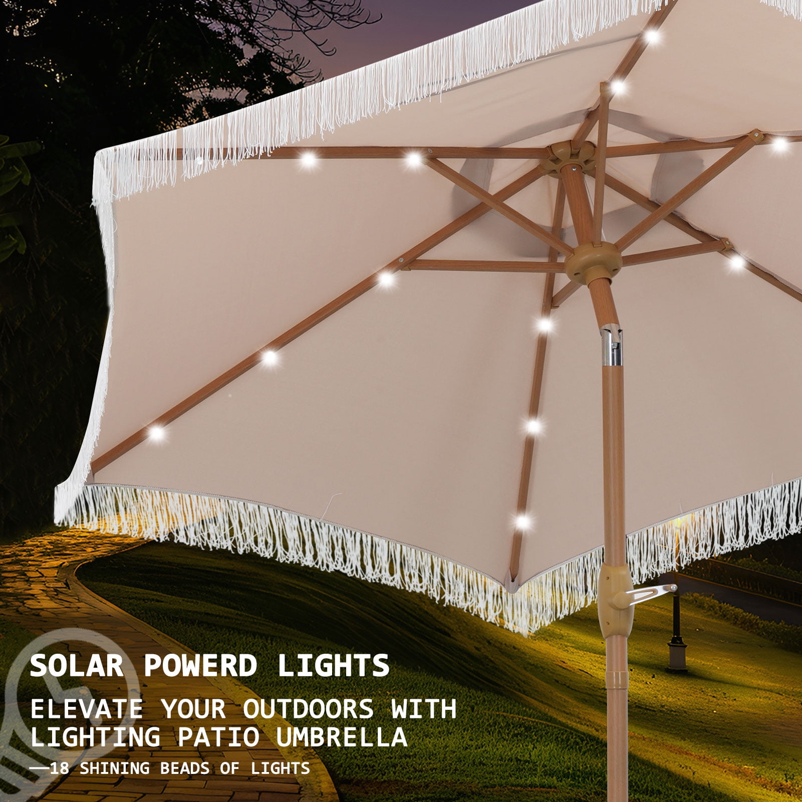 Autlaycil 7.5 ft Patio Umbrella with Tassel Fringe Stylish, 18 LED Lights Solar Umbrella (Khaki)