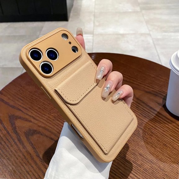 Card Slot Wallet Pu Leather Bracket Case for iPhone 14 15 16 Plus 11 12 13 Pro Max Business Photo Clip Cover(for iPhone 11/Khaki)