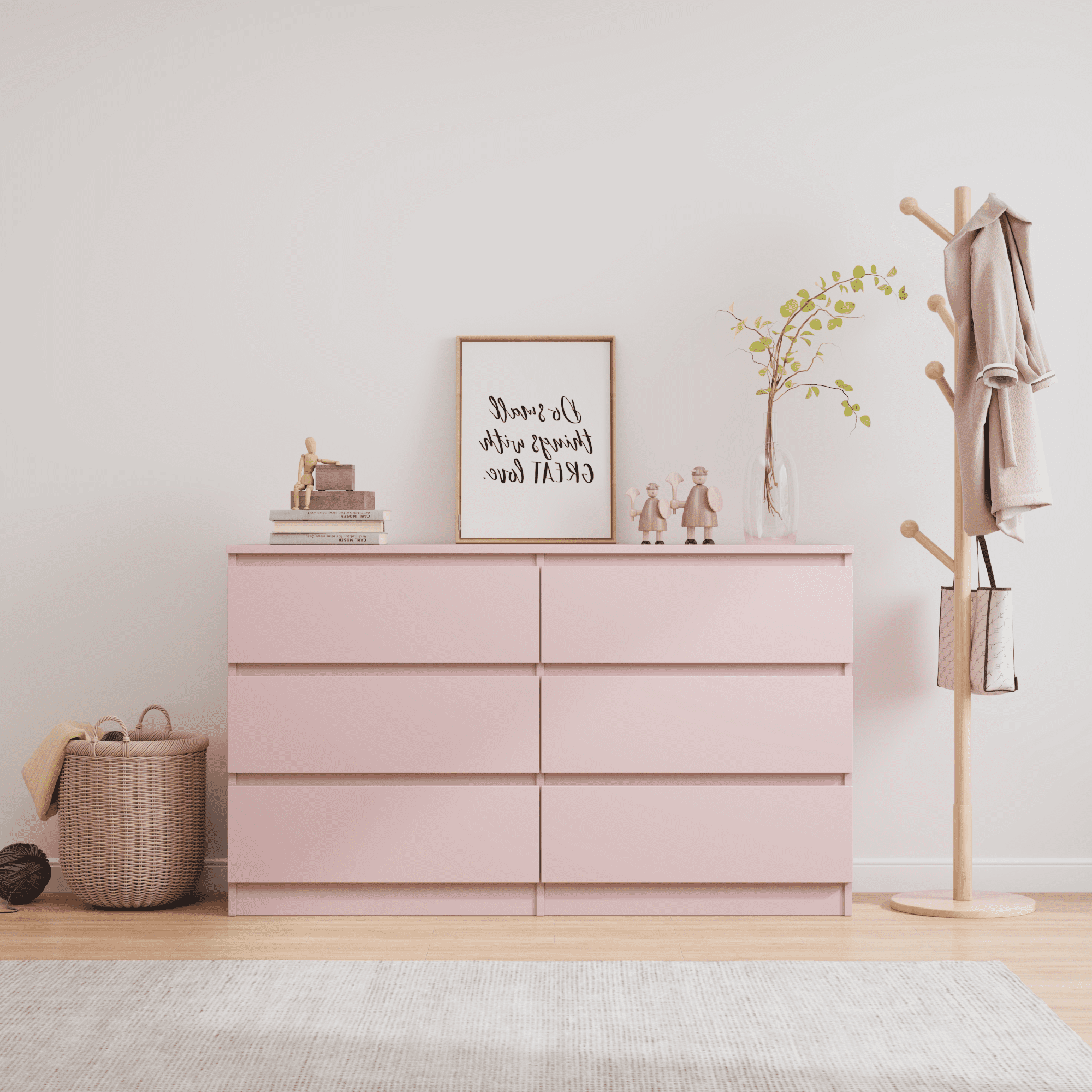 Lunale 6 Drawer Wide Dressers Chest for Bedroom, Storage Drawer Organizer with Modern Minimalist Design, Pink