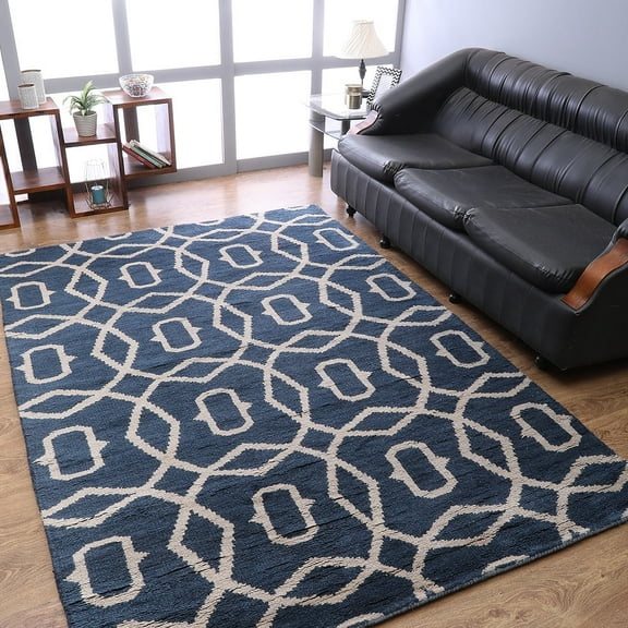 HAND KNOTTED WOOL GEOMETRIC MODERN AREA RUGS - 8'x10', Rectangle Shape, Blue Beige Color, Classic Traditional Design, Low Pile Handmade Area Rugs for Living Room, Bed Room (N00533)