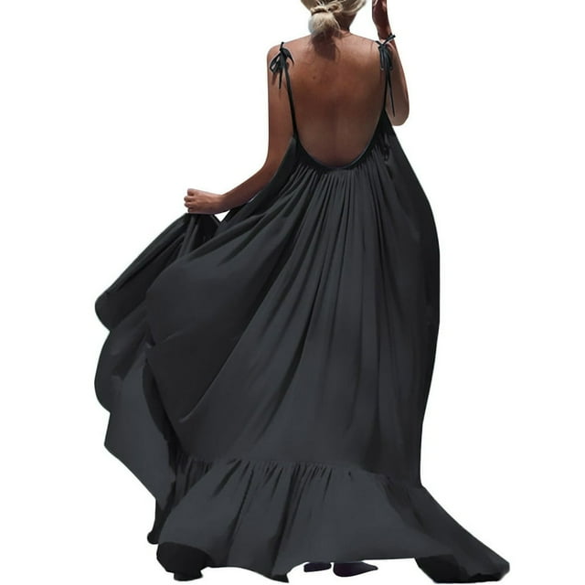 Women Boho Maxi Solid Sleeveless Long Backless Dress Evening Party Beach Dress