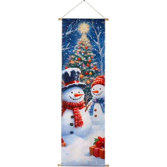 16x47 Bonhommes de Neige Arbre de Noël en Toile, 6 Lumières LED Décoration Murale d'Hiver - Point Focal d'Entrée de Vacances avec Effet de Fenêtre
