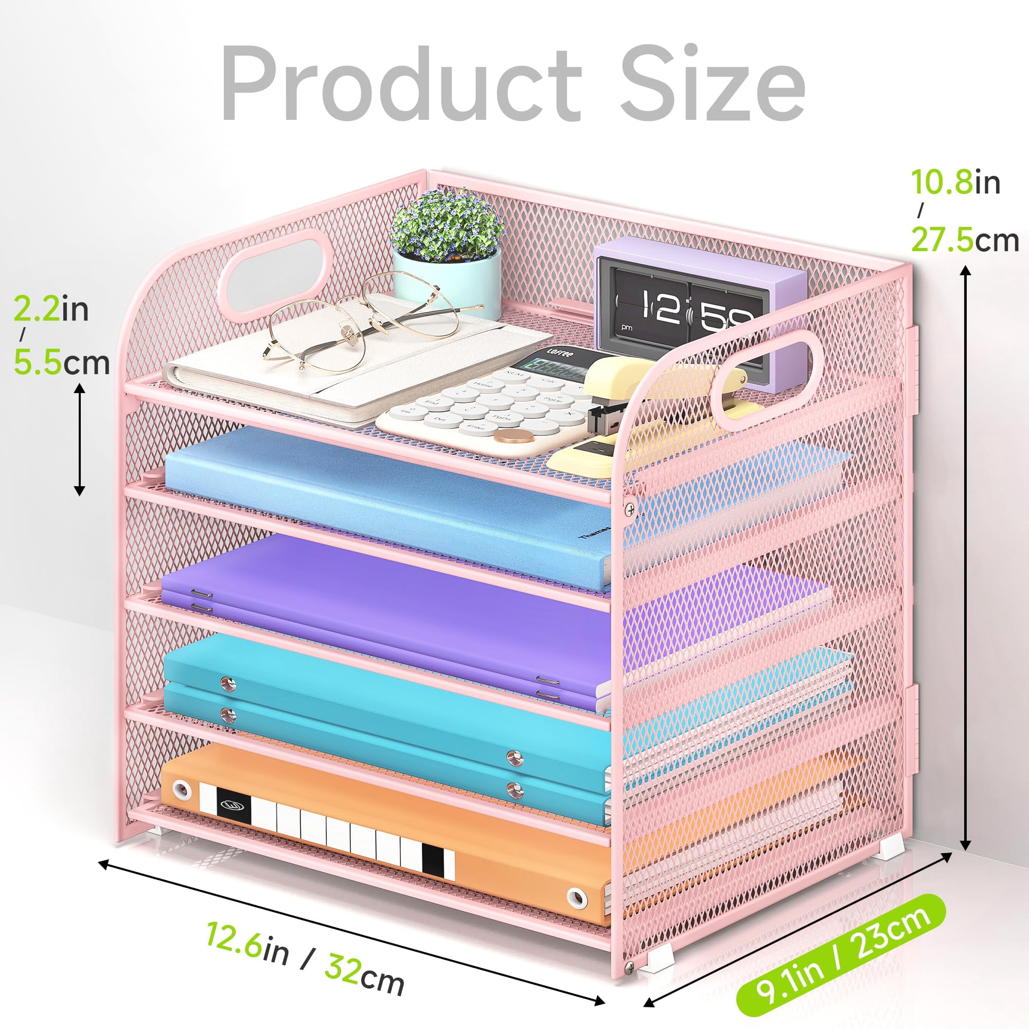 5 Tier Paper Organizer With Handle  Pink Metal Mesh Desk File Folder Letter Tray Desktop Document Sorter For Classroom School Office Accessories Organization And Storage