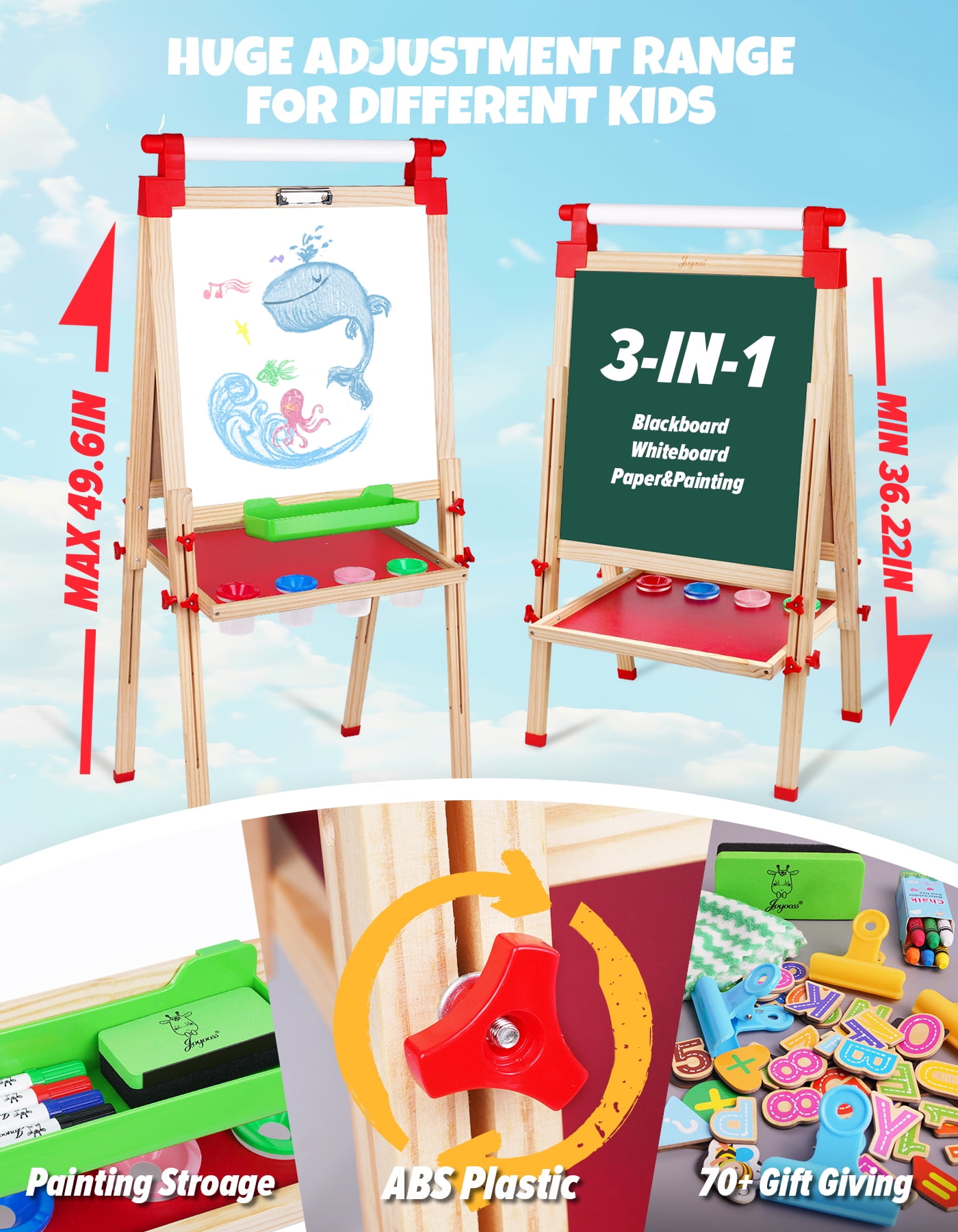 Joyooss Kids Double-Sided Adjustable Whiteboard & Chalkboard Wooden Art Easel