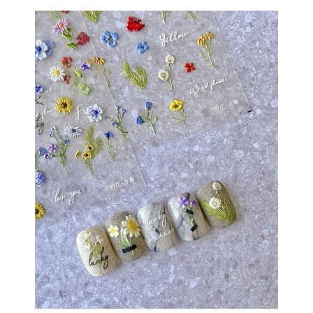 Monebena 2Pcs Spring Flower Nail Stickers - Dimensional Relief Colorful Flower Nail Decals Self-Adhesive Sunflowers Lavender Daisy Nail Art Stickers Elegant Back Glue Nail Accessories for Women Girls