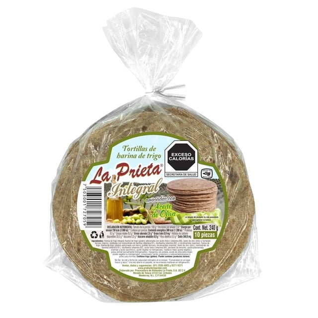 Tortillas de harina de trigo La Prieta integral con aceite de oliva 10 pzas