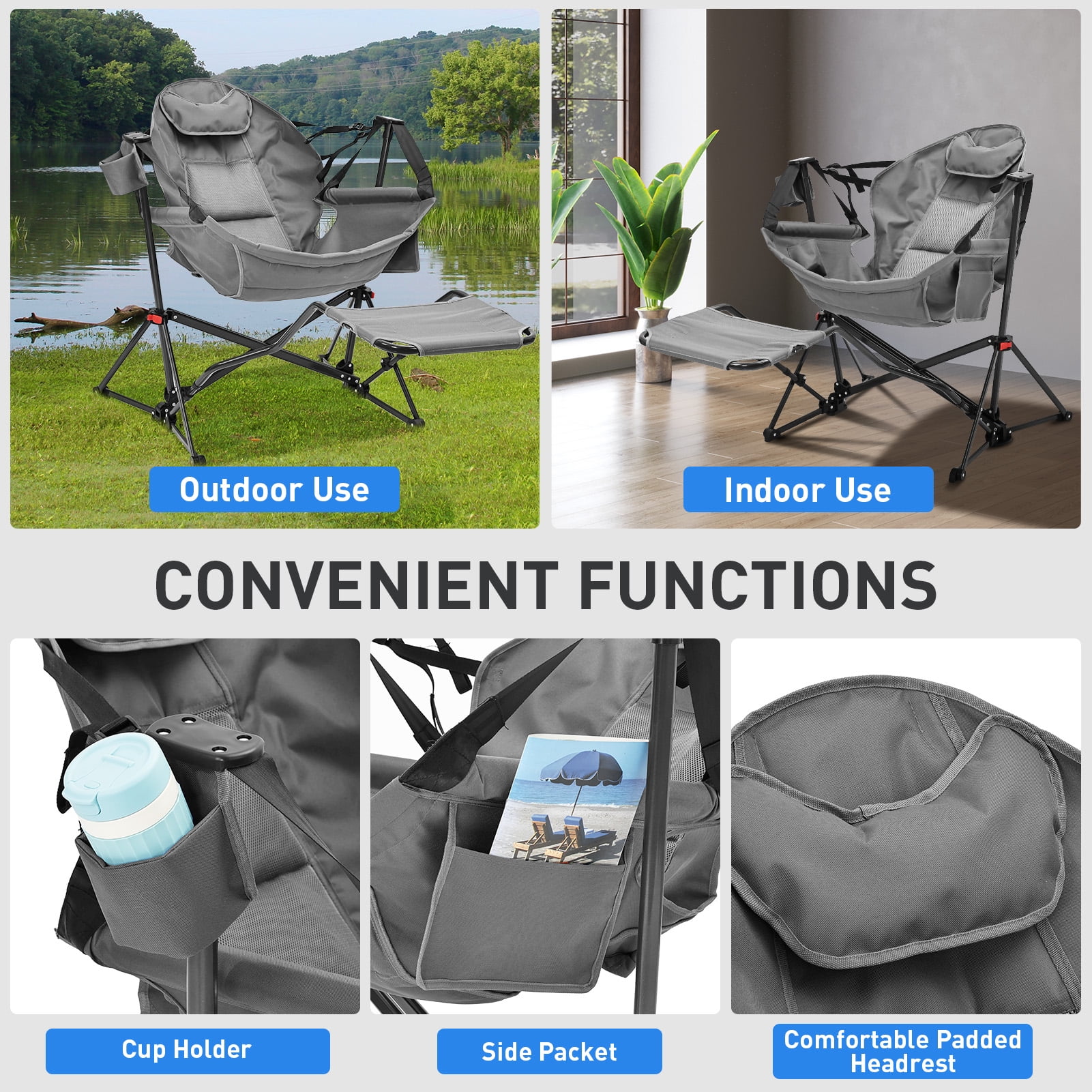 Autlaycil Camping Chairs, Oversized Hammock Chairs, Folding Rocking Chairs, Adjustable Back Swing Chairs, Cup Holder, Outdoor Beach Lawn, Grey