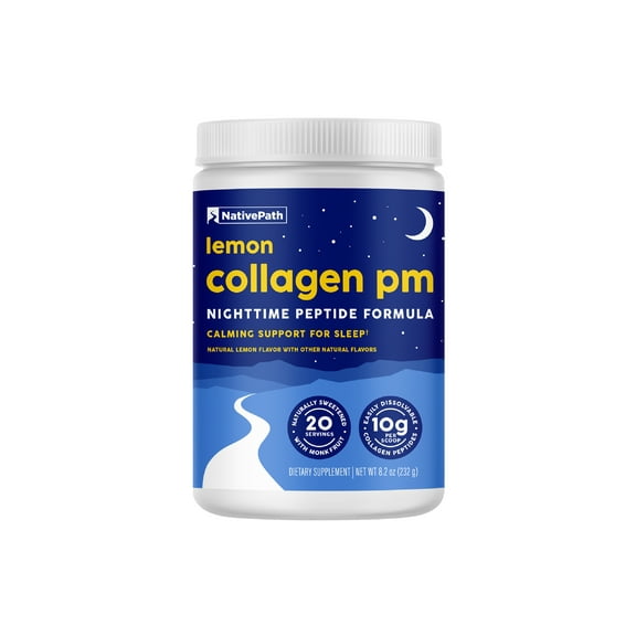 NativePath Collagen PM Lemon - Nighttime Collagen Drink with Melatonin, Magnesium, GABA & L-Theanine for Sleep Support - 10g Grass-Fed Collagen Peptides - 20 Servings