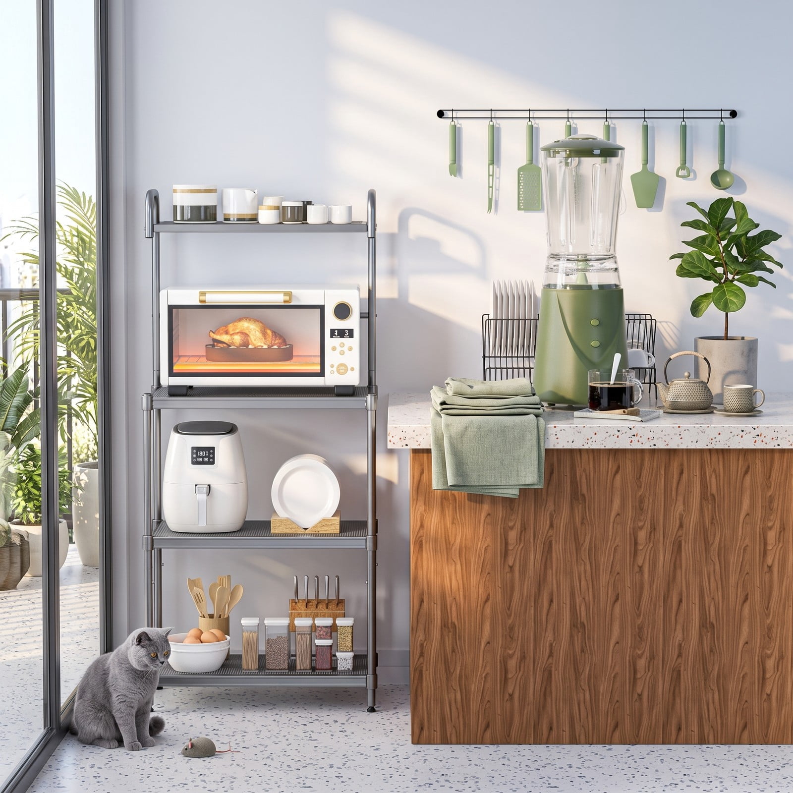 RUIE 4-Tier Baker's Rack Stand, Freestanding Kitchen Storage Rack Organizer Shelves, Heavy-Duty Iron Microwave Oven Shelf for Pantry Living Room, Green