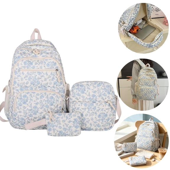 Cute Floral Backpack Coquette Quilted Back Pack 3pcs Daypack,Blue