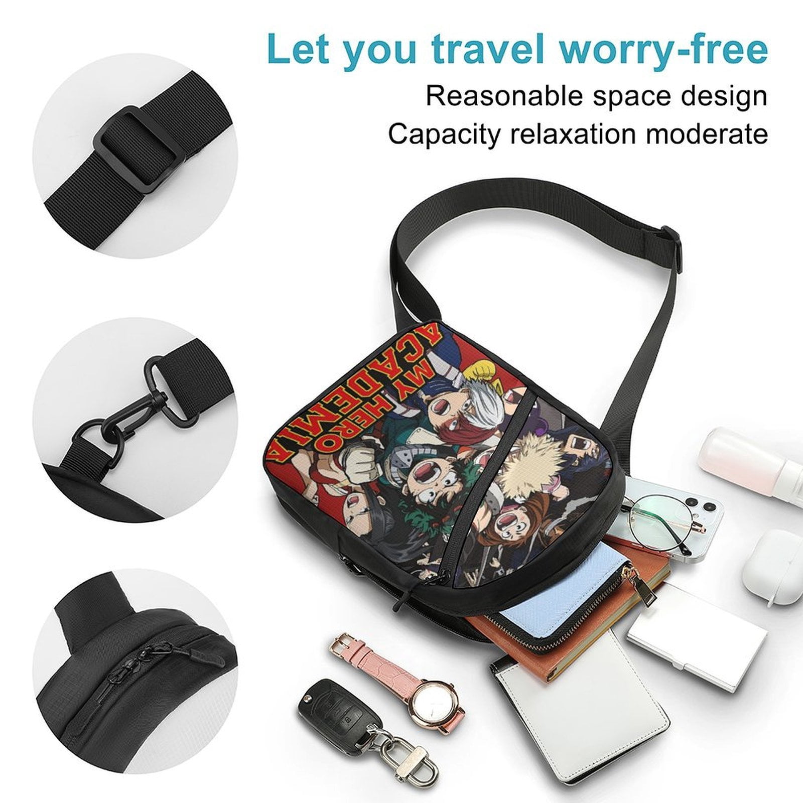 My Hero Academia Sling Bag Foldable Crossbody Bag Unisex Versatile Shoulder Bag Chest Pack Zipper for Gym Travel