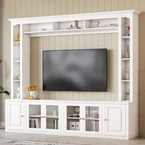 92 Inch Wall Unit Tv Stand With Storage For Tvs Up To 80 Inches, Modern All In One Large Tv Console Entertainment Center With Bookshelves, White