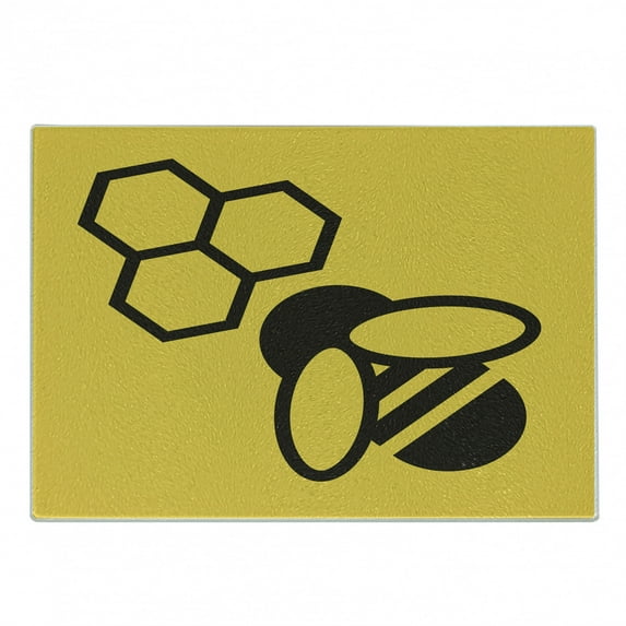 Honeycomb Cutting Board, Silhouette Style Minimalist Composition Hexagons with Bee Simplistic Design, Decorative Tempered Glass Cutting and Serving Board, in 3 Sizes, by Ambesonne