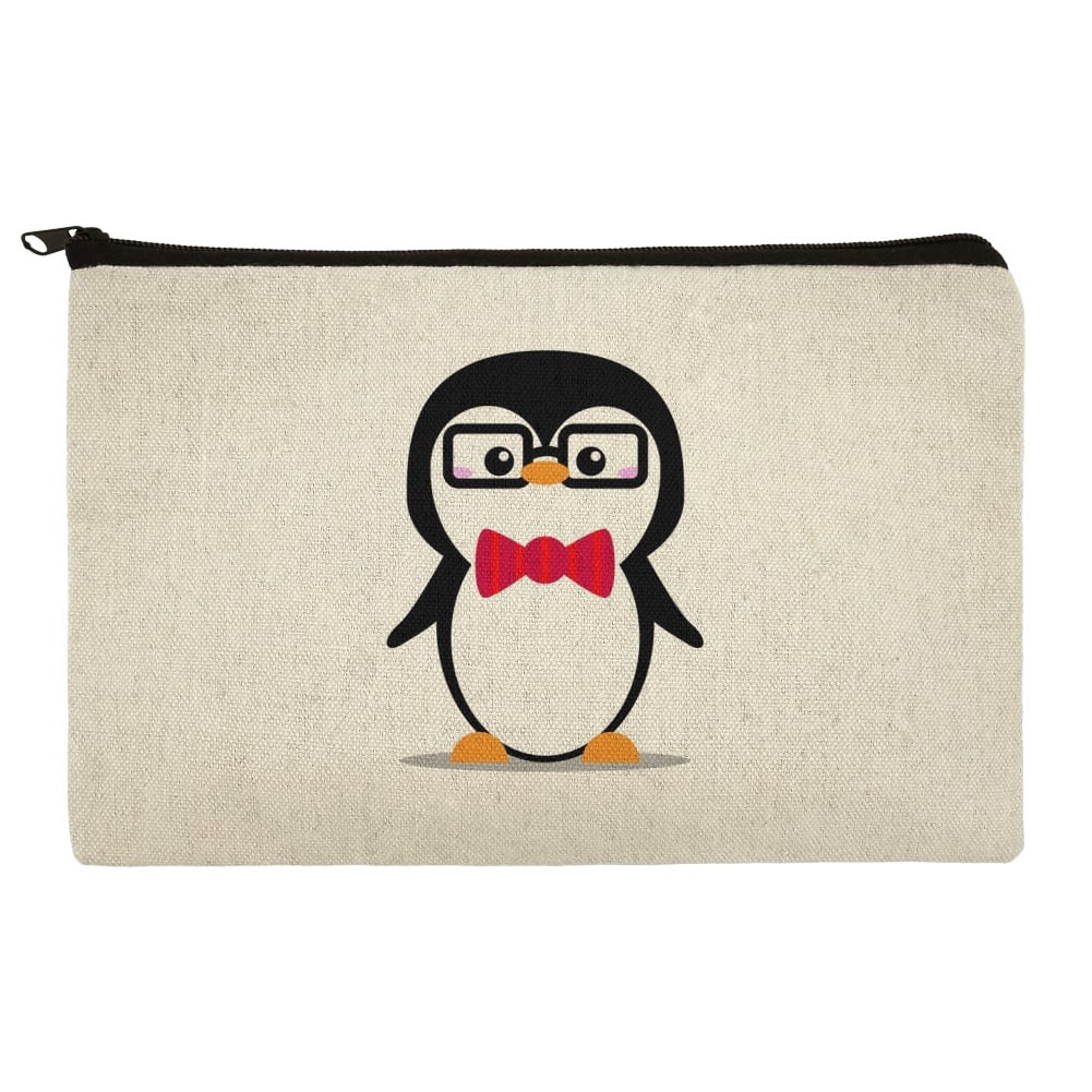 Cartoon Penguin with Bow Tie and Glasses Pencil Pen Organizer Zipper Pouch Case