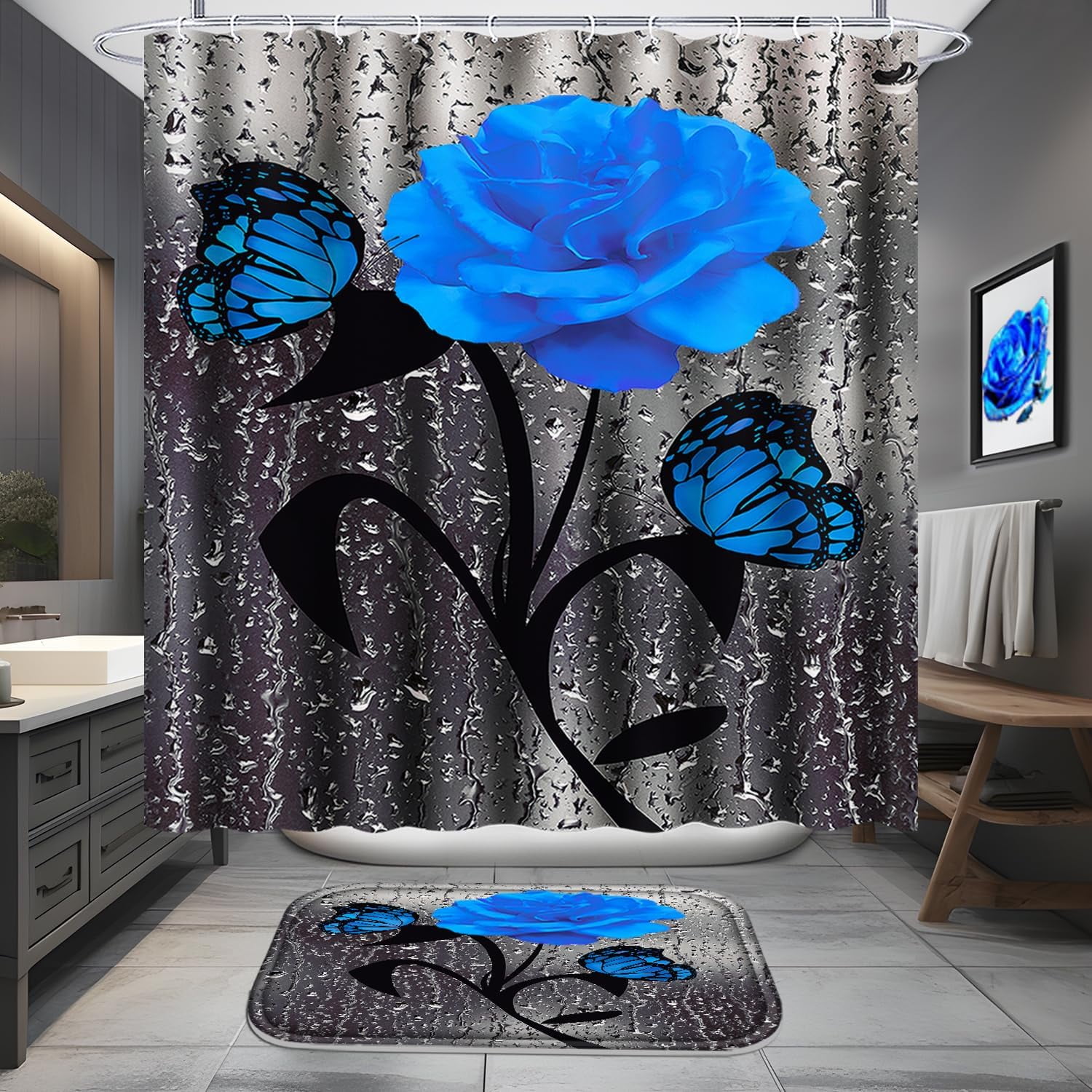4 Pcs Bathroom Set,Orange Rose Shower Curtain Sets, Romantic Shower Curtain Sets with Rugs(Bath Mat,U Shape and Toilet Lid Cover Mat) and 12 Hooks