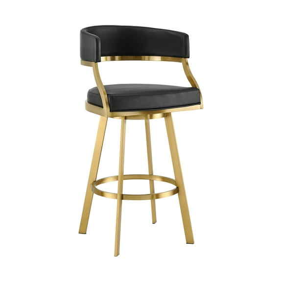 Saturn 30" Swivel Bar Stool with Gold Brushed Stainless Steel and Black Faux Leather