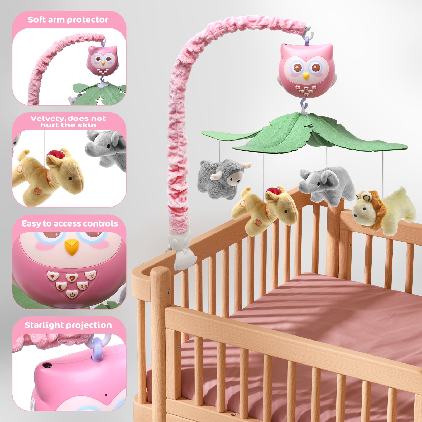 SUMWE Baby Crib Mobile with Music and Lights for Boys Musical Mobile Animals for Crib Bassinet Girls Toys Hanging Portable Safari Nursery Decor Pink