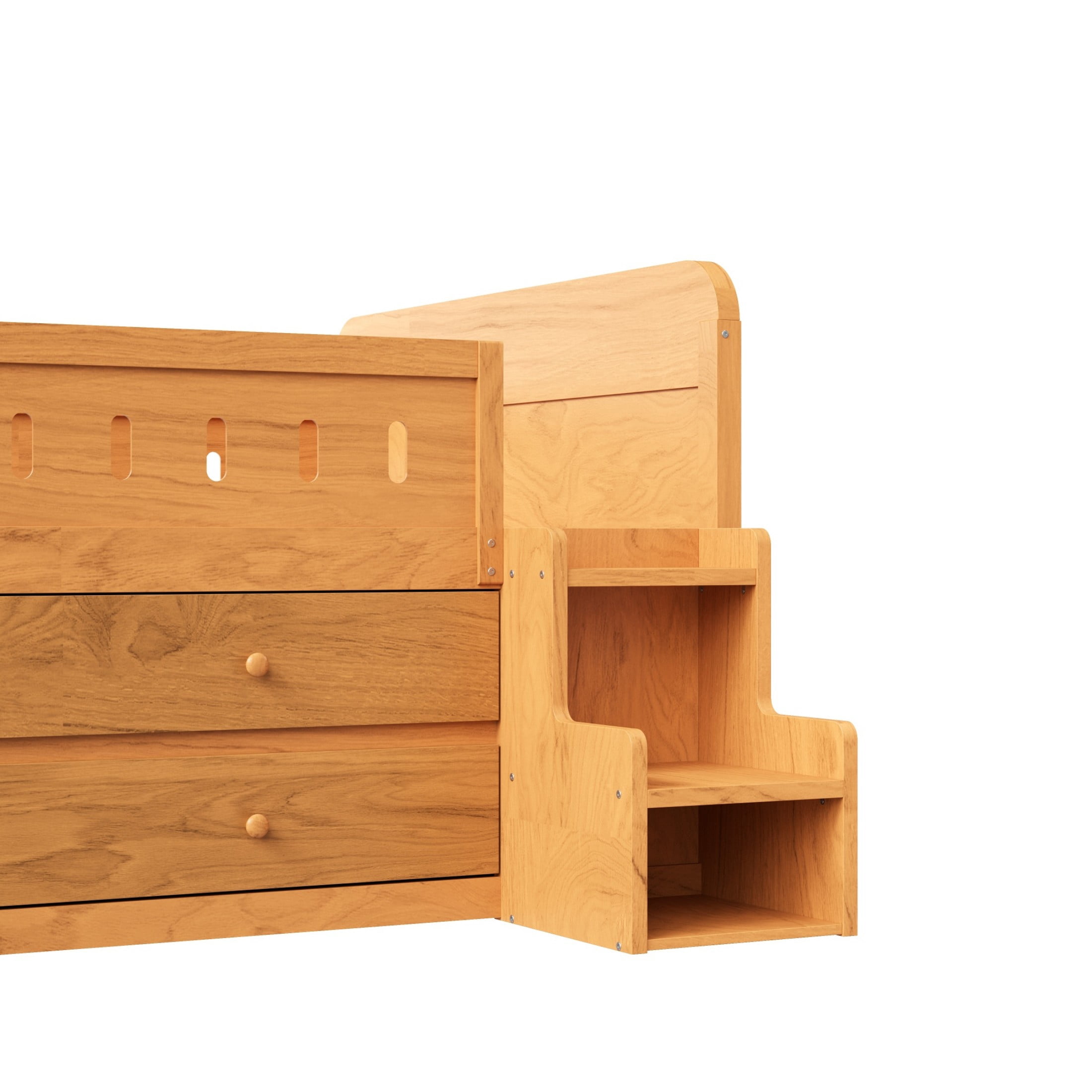 Alvantor Full Size Wooden Bed with LED Light,4 Storage Drawers and Ladder Storage, Wood Color