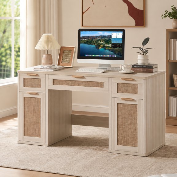 Joaxswe 56" Office Desk with File Cabinet, Rattan Wood Work Desks, Boho Study Table for Computer Office, Bedroom, Grey White