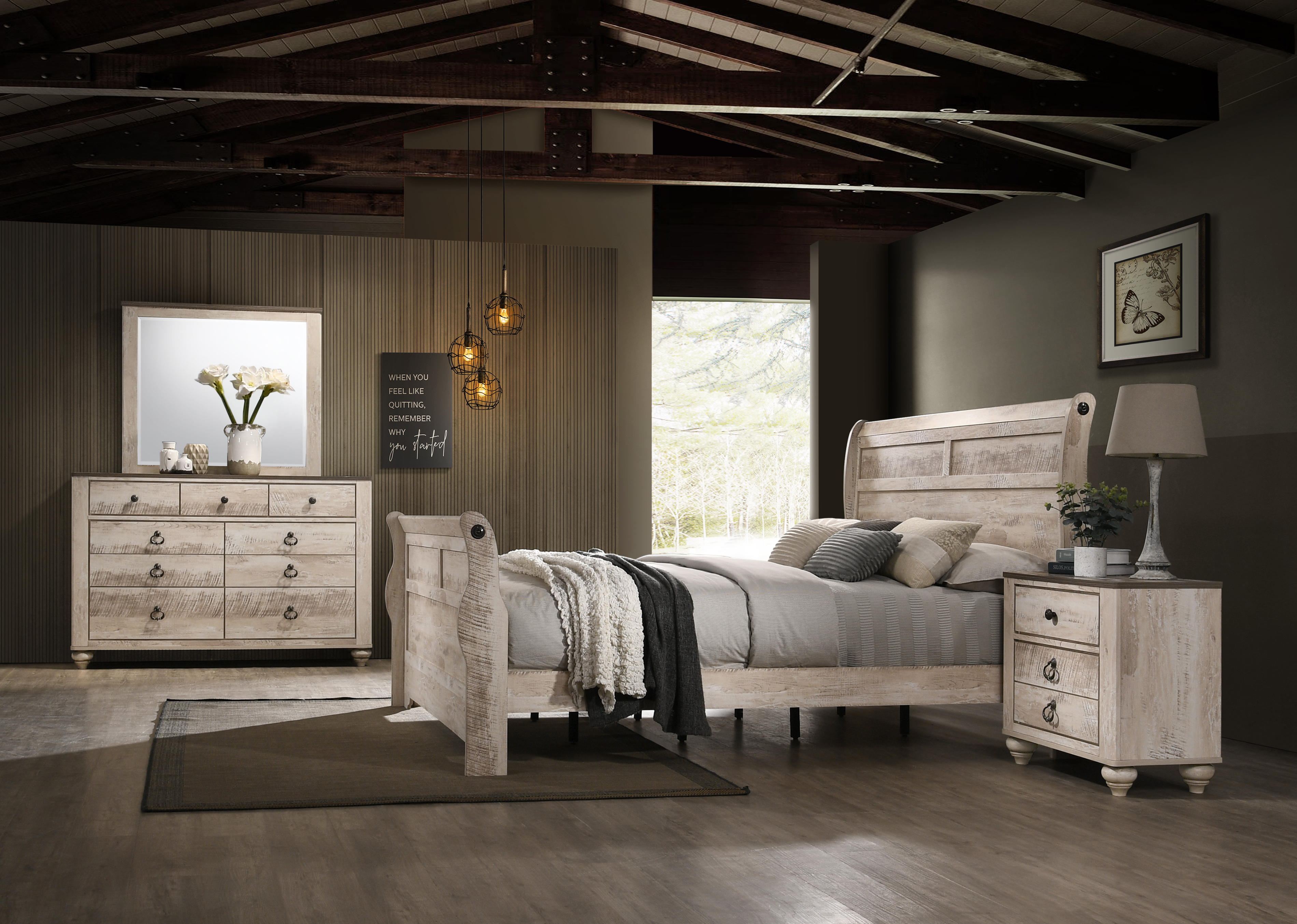 Imerland Contemporary White Wash Finish Bedroom Set with King Sleigh Bed, Dresser, Mirror, Two Nightstands - image 2 of 12