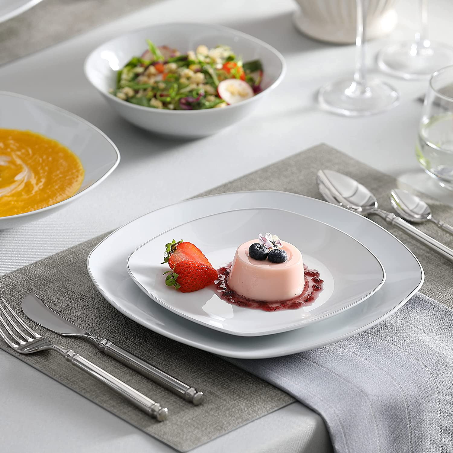 MALACASA Porcelain Dinnerware Sets, 24 Piece Round White Dishes With Silver Line, Dish set Service for 6, Series ELISA