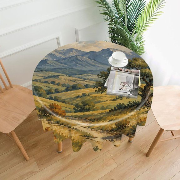 RKSupls 60 Inch Round Tablecloth, Autumn Forest Path Premium Polyester Straight Edge Wrinkle Resistant Washable Table Cover for Party Home Dining Decor