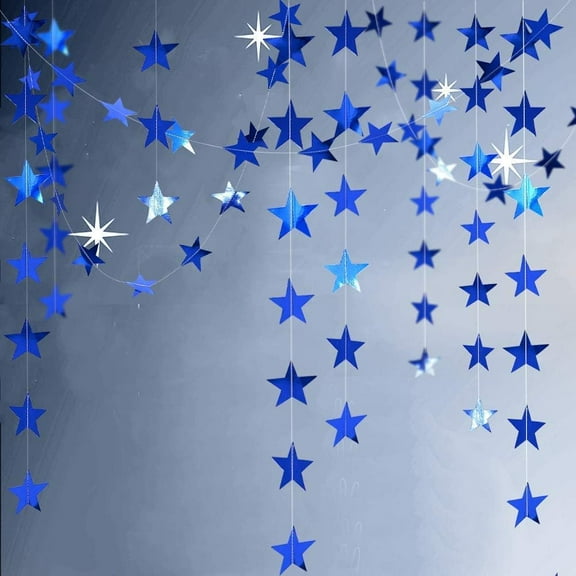 Cheerland Reflective Blue Star Garlands Streamer/Bunting/Backdrop Party Decoration, 52 ft