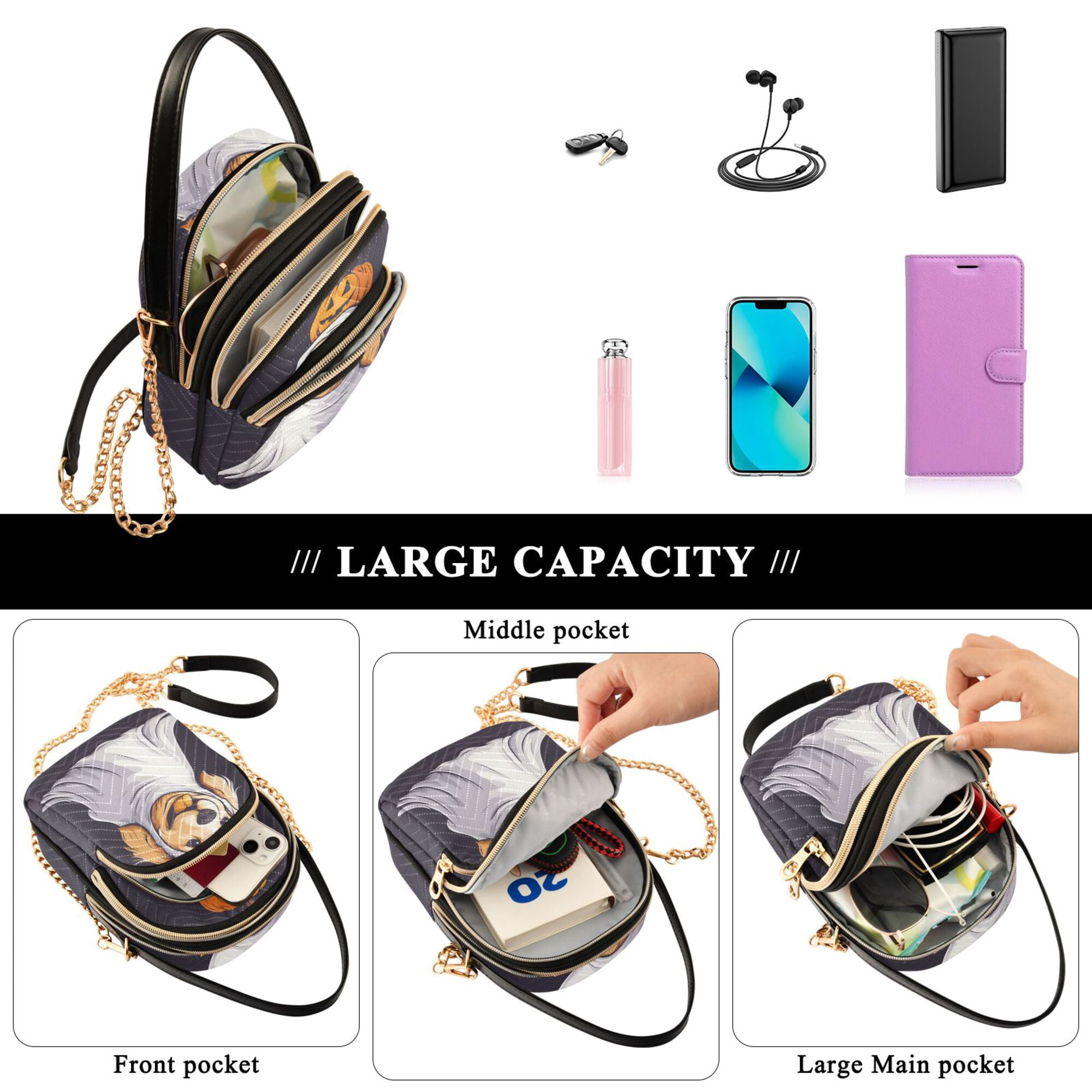 FORMRS Crossbody Bag for Women Quilted Travel Shoulder Cell Phone Purse with Chain Strap Handbag, Yellow Halloween Dog