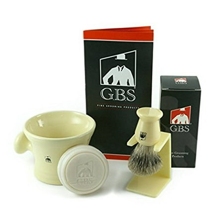 GBS Men's Grooming Set - Ivory Shaving Mug with Knob handle, 100% Ivory Pure Badger Brush, Brush Stand and 97% All Natural GBS Ocean Driftwood Shave