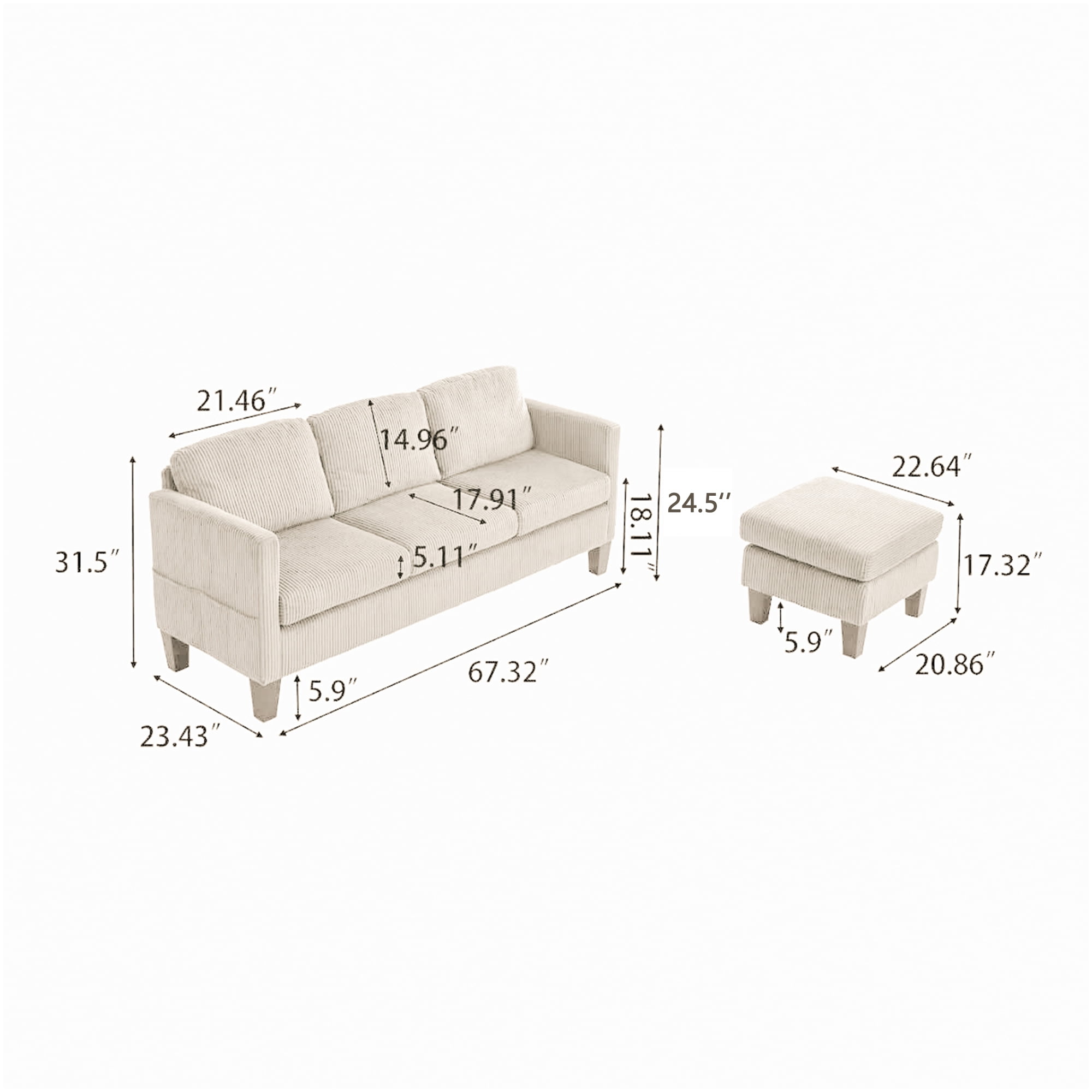 Leumius Convertible Sectional Sofa Couch,Modern Corduroy L-Shaped Couch with Storage Ottoman,Small Sofa for Small Living Room, Apartment and Small Space,Off White