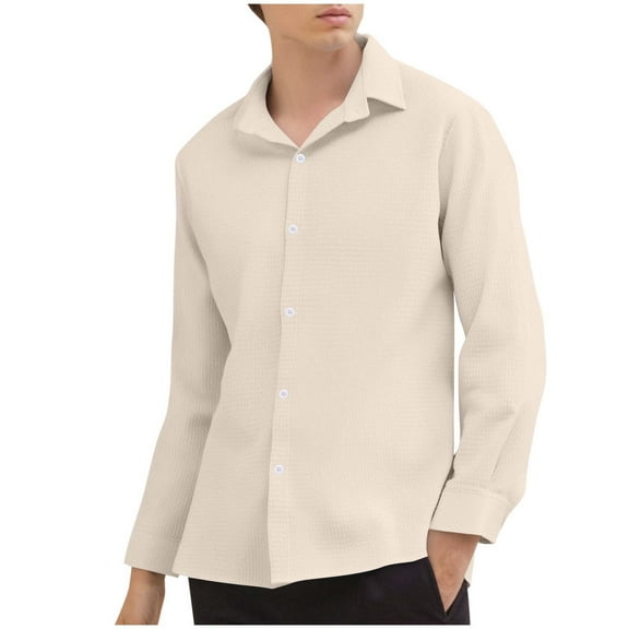 Mens Waffle Button Down Shirts Casual Fashion Loose Long Sleeve Lapel Dress Shirt Classic Regular Fit Blouses Tops Khaki XXXL