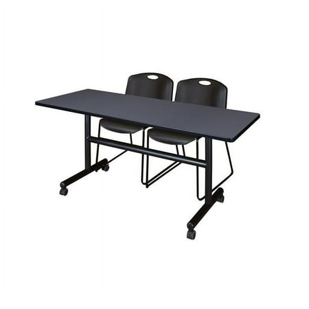UPC: 0192357023983 | 60  x 30  Flip Top Mobile Training Table- Grey and 2 Zeng Stack Chairs- Black