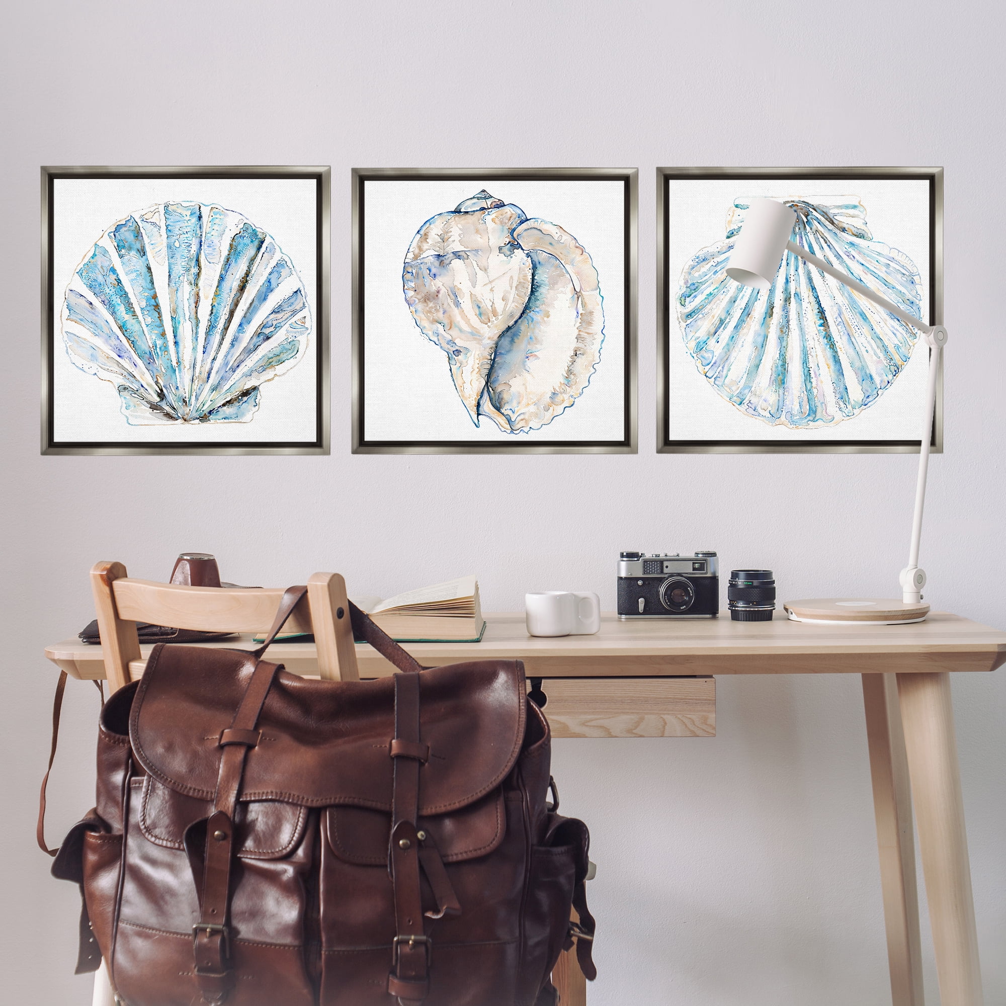 Stupell Industries Clam & Conch Watercolors Nautical & Beach Painting Gray Floater Framed Canvas Art Print Wall Art, 25 x 25, Set of 3
