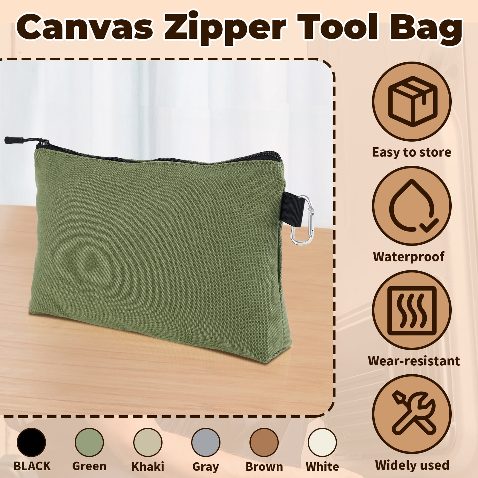 3/6Pcs Canvas Zipper Tool Bag 12 inch Waterproof Tool Pouches Multipurpose Utility Tool Bag with Carabiner Portable Small Tool Storage Pouch for Tools Cosmetics Stationary