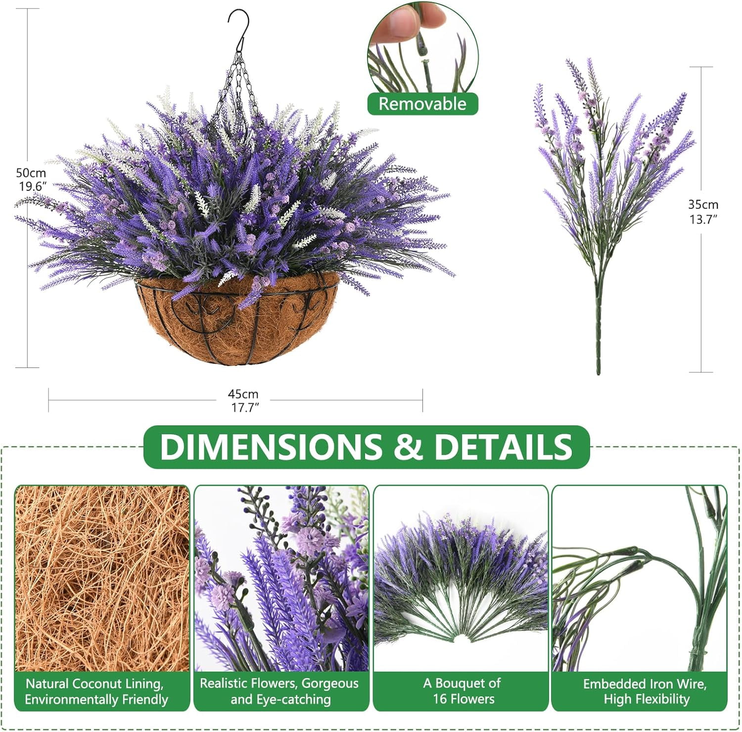 Artificial Plants Fake Flowers with Hanging Basket for Outdoor, 16 Bundles Faux Lavender Plant Hanging Flower in Planter Realistic UV Resistant for Spring Outside Porch Patio Garden Decoration