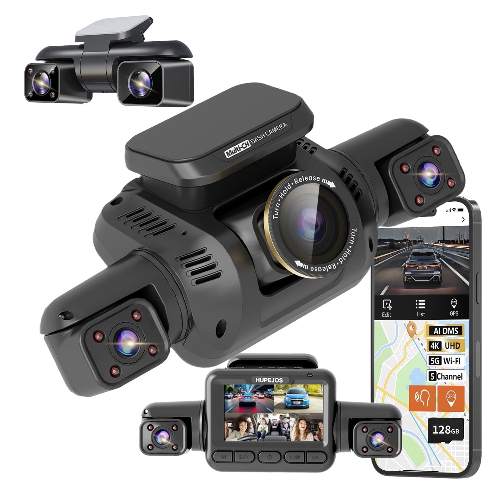 HUPEJOS 5 Channel Dash Cam with Driver Monitor System DMS, 360° 4K Dash Camera for Cars, Built-in GPS WiFi HDR Night Vision, AI Dashcam Front and Rear Inside, 128GB Card Included, Parking Monitor