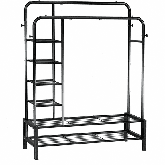 Black Double Rod Clothes Rack, 45.27 x 18.1 x 64.96 in Metal Garment Rack with 2 Bottom Shelves, 4 Side Shelves, and Hooks