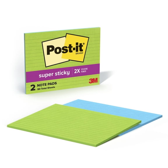 Post-it Lined Notes, 6 in. x 8 in., Green and Blue, 2 Pads