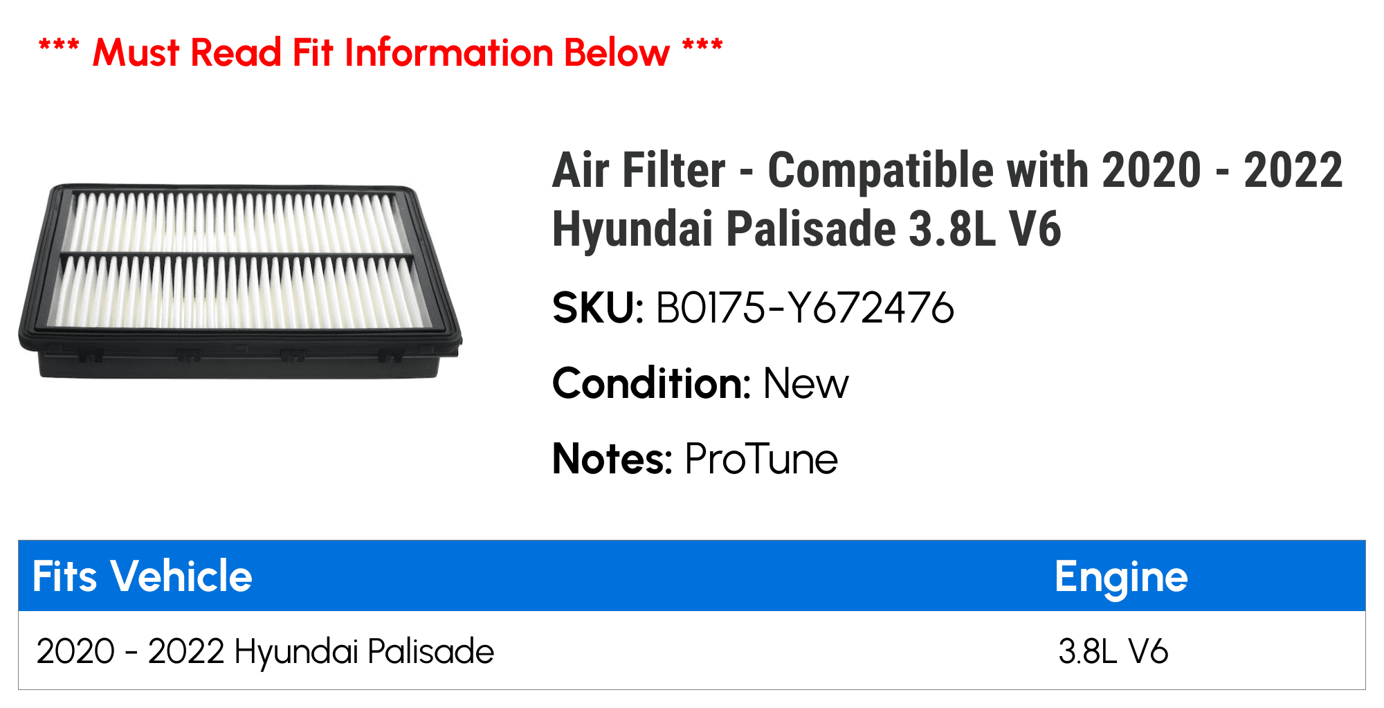 API ProTune B0175-Y672476 Engine Air Filter for 2020-2022 Hyundai Palisade 3.8L V6