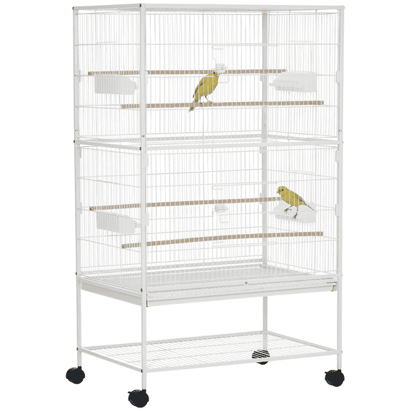 PawHut Cage pour Oiseaux avec Support, Cage pour Perruche avec Rangement à Roulettes, Blanc