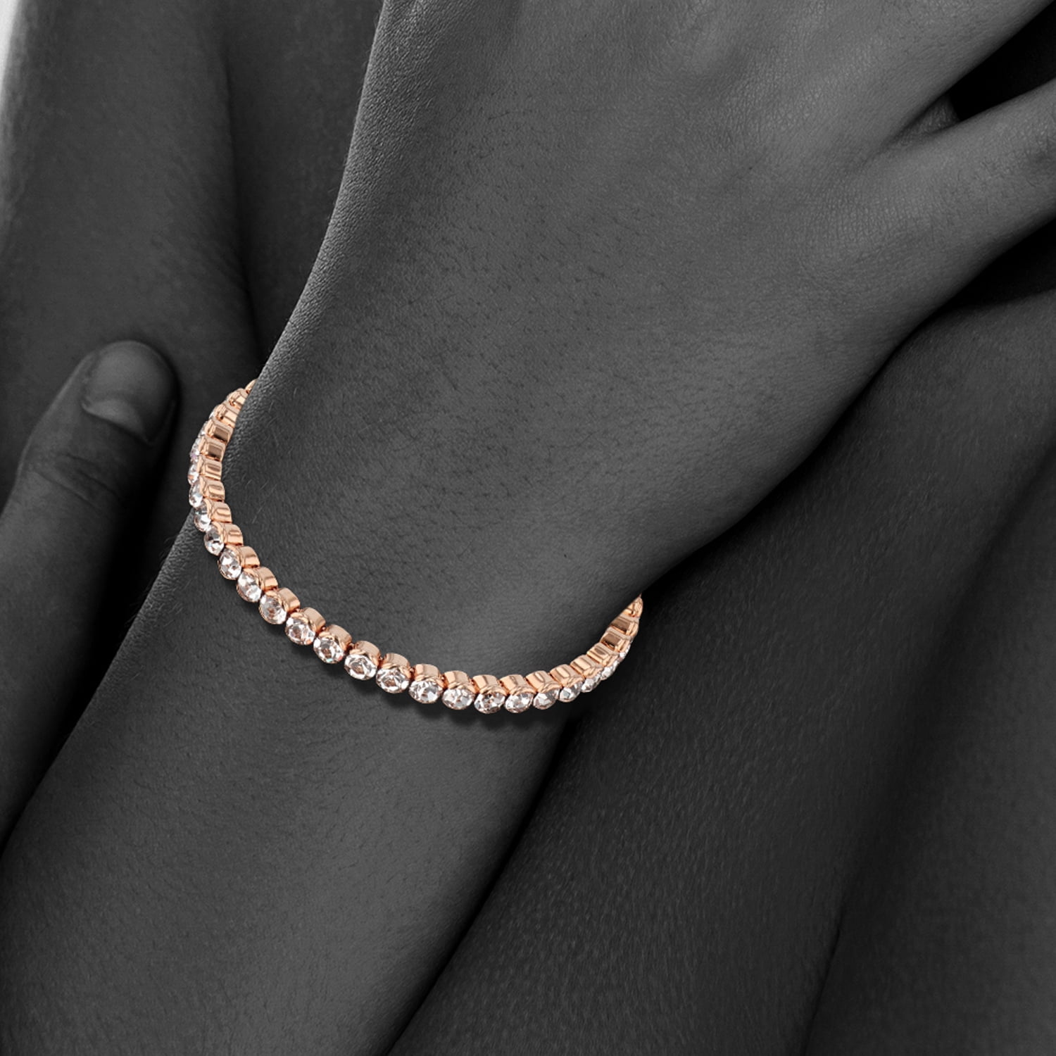 X & O Women's 14K Rose Gold Plated Honeycomb Flex Cuff Bangle with White Crystals