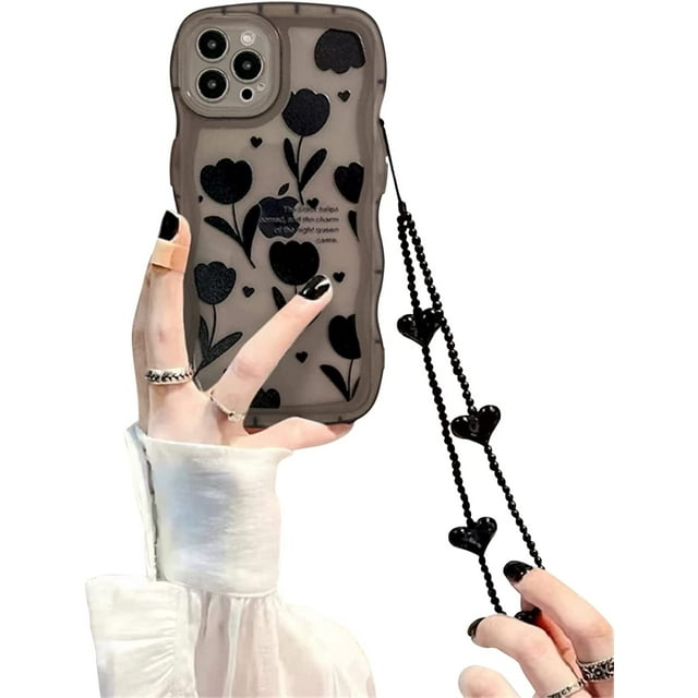 Funda compatible con iPhone 13 Pro Max con diseño de flores negras de simplicidad adorable para mujeres, adolescentes y niñas, funda protectora de lentes para iPhone 13 Pro Max + cadena de corazón
