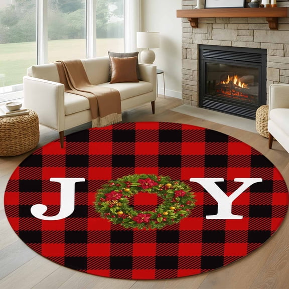 Christmas Round Rug 5ft Washable Circle Kitchen Rugs Non Slip Red Black Buffalo Plaid Xmas Winter Flower Large Area Rug Indoor Floor Carpet for Bedroom Living Room Home Office Dining Room Nursery