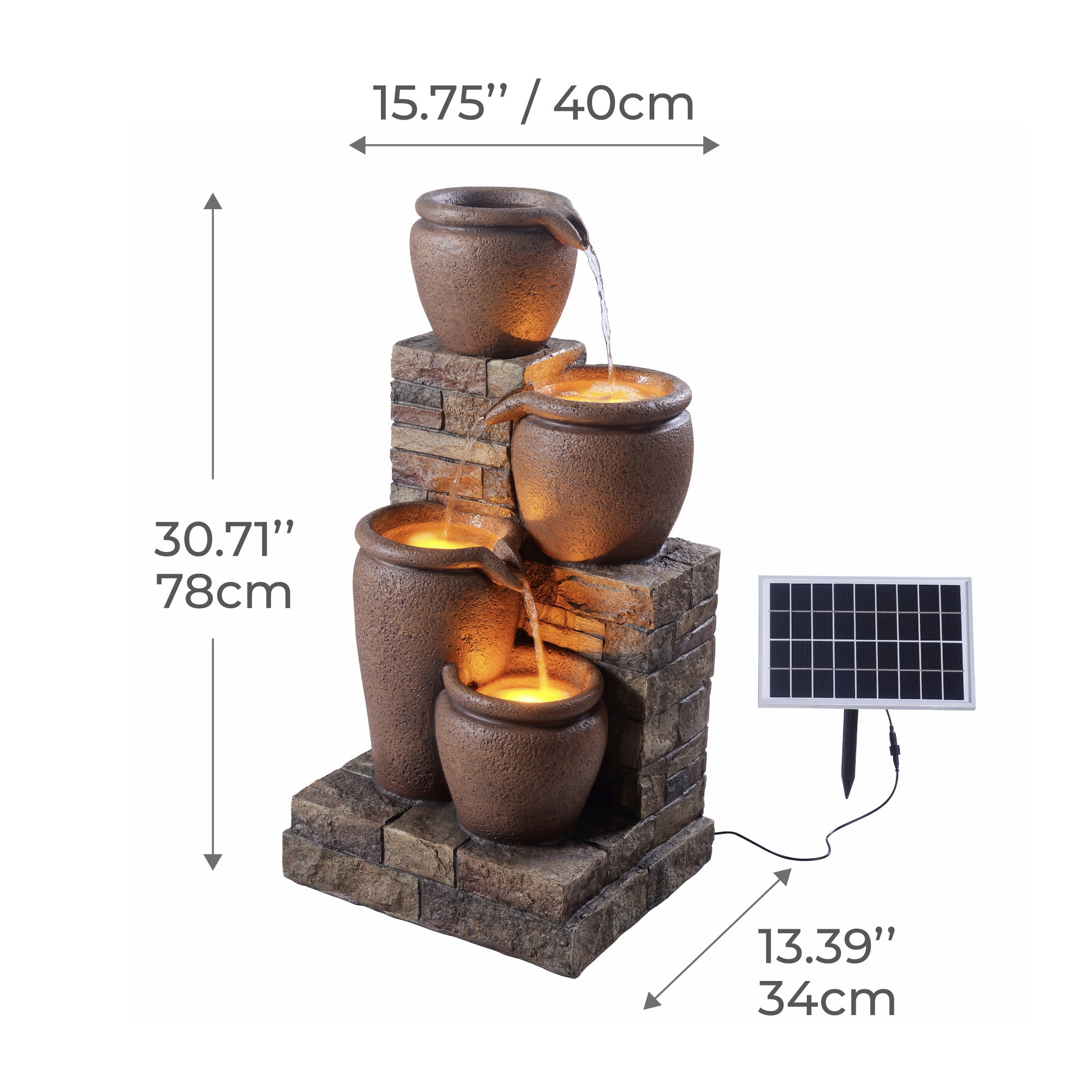 Teamson Home 4-Tier Outdoor Cascading Bowl Stacked Stone Solar Powered Water Fountain with LED Lights, Brown