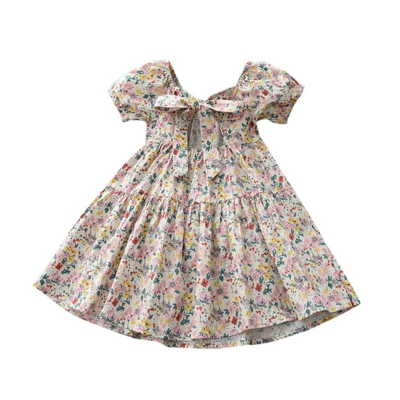 Toddler Girls Dresses Summer Square Collar Puff Sleeve Floral Bow Party Ruffled Princess Dress Children's Clothing